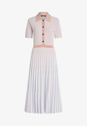 Rochie midi cu mâneci scurte, guler ascuțit, dungi verticale bej și albe, nasturi în față și talie ajustată.