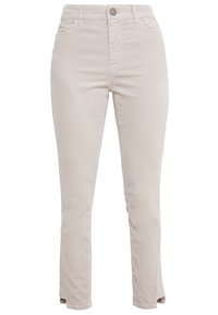 Beige Stoffhose mit geradem Schnitt aus weichem Baumwollgemisch. Mit hoher Taille, seitlichen Taschen und dezenten Steppnähten.