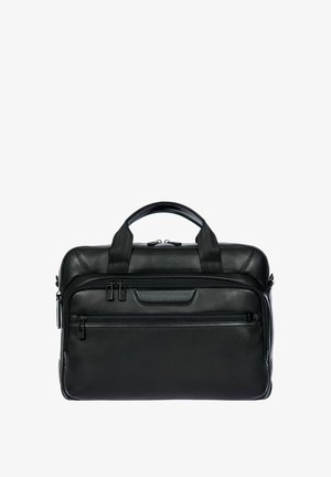 Schwarze Leder-Laptoptasche mit zwei Griffen, vorderer Reißverschlusstasche, Porsche Design Logo und strukturierten Akzenten. Kompaktes und strukturiertes Design.