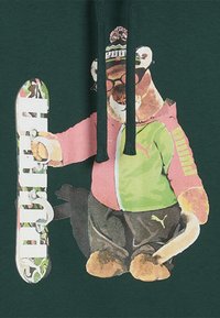 Žalias džemperis, kuriame pavaizduota meška, vilkinti rožinį ir žalią striukę, laikanti spalvingą snieglenčių su "PUMA" tekstu.