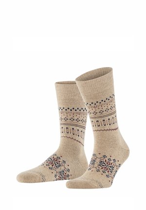 Beige mid-calf socks with blue and burgundy Nordic patterns around the cuffs and foot areas on a plain white background.