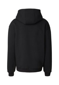 Sweat à capuche noir à manches longues avec capuche, poignets et ceinture côtelés, présenté de dos sur un fond blanc uni.