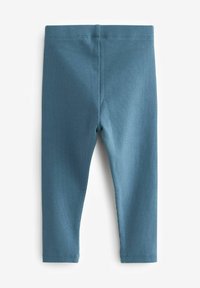 Leggings a coste di colore azzurro chiaro con un design aderente e una vita elastica, caratterizzati da una texture liscia e senza hardware o motivi visibili.