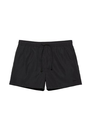 Pantaloni scurți de baie pentru bărbați, negri, cu talie elastică și șnur ajustabil, lungime până la mijlocul coapsei, confecționați din material ușor.