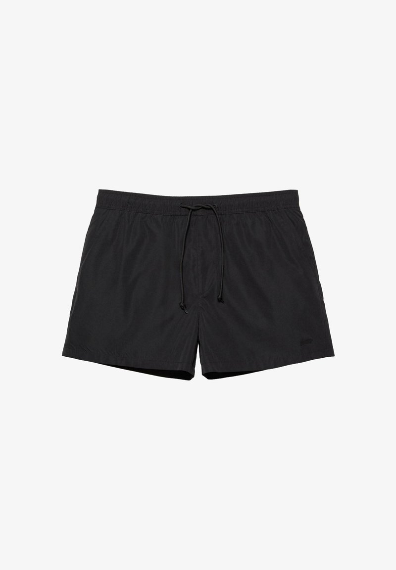Schwarze Herren-Badeshorts mit elastischem Bund und verstellbarem Kordelzug, mittlere Oberschenkellänge, aus leichtem Stoff gefertigt.