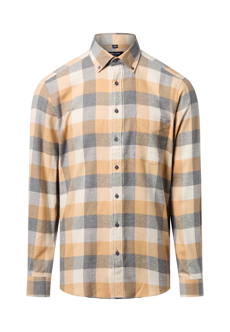 Gekleed lang mouw overhemd in oranje, grijs en crème kleuren. Bevat een button-down kraag, een voorzak en een ronde zoom. Gemaakt van zacht katoen.