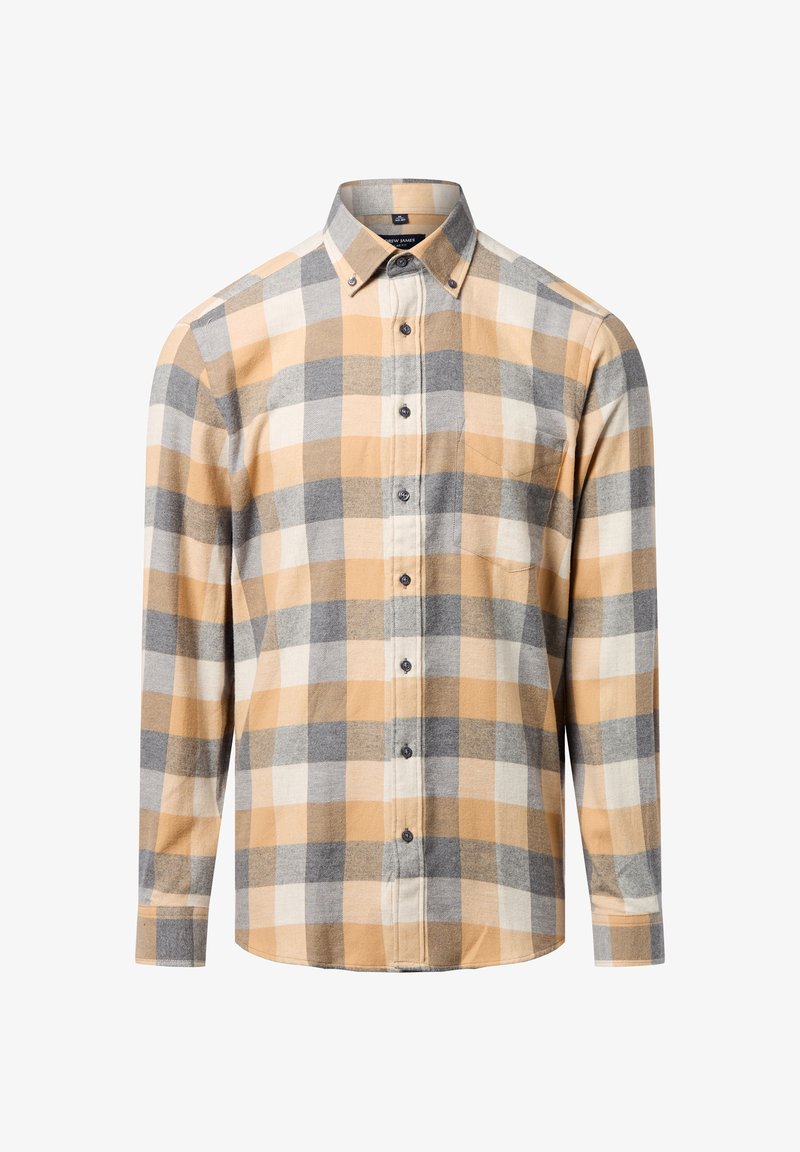 Gekleed lang mouw overhemd in oranje, grijs en crème kleuren. Bevat een button-down kraag, een voorzak en een ronde zoom. Gemaakt van zacht katoen.