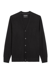 Schwarzer Cardigan aus weichem Stoff, mit V-Ausschnitt, Knopfreihe vorne, langen Ärmeln und einer einzelnen Brusttasche. Glatte Textur, klassisches Design.