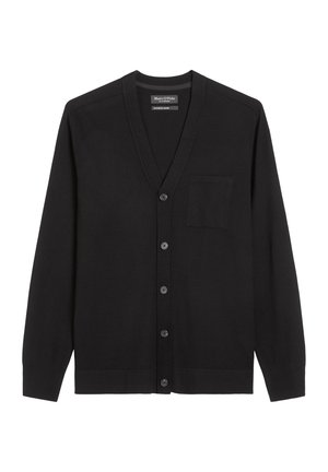 Zwarte cardigan van zachte stof, met een V-hals, knoopsluiting aan de voorkant, lange mouwen en een enkele borstzak. Soepele textuur, klassiek ontwerp.