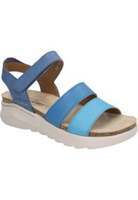 Blue leather sandals with two wide straps and a textured footbed. Cushioned sole and contoured design enhance comfort and support.