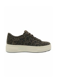 Sneakers con stampa leopardata, con una tomaia marrone texturizzata, caratterizzati da una punta rotonda, lacci piatti e una suola bianca spessa.