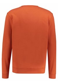 Sudadera de manga larga en color naranja sólido, con cuello redondo, puños acanalados y dobladillo recto. Textura de tela lisa, diseño minimalista.