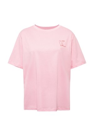 Light pink short-sleeve T-shirt with a small red line drawing of a cat and heart on the left chest area.