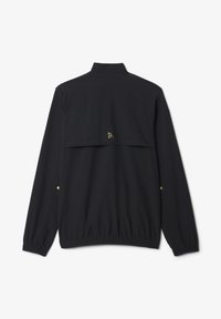 Zwarte lange mouw jacket met hoge kraag, elastische cuffs en zoom, klein gouden logo in het midden op de bovenrug, en gouden accenten op de mouwen.