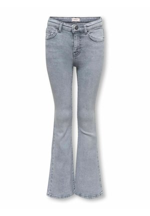 Jean flare en denim bleu clair avec poches avant, passants de ceinture, fermeture à boutons et petite étiquette à la taille.