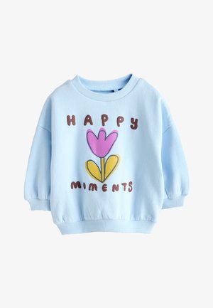 Svetlomodrá detská mikina s rebrovanými manžetami a lemom, so ružovým a žltým kvetom a textom "HAPPY MIMENTS" v hnedých písmenách.