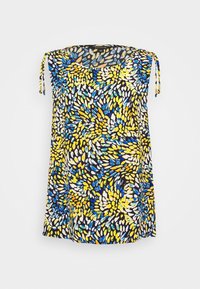 Tunique sans manches avec liens ajustables, présentant un motif abstrait coloré jaune, bleu et blanc sur fond noir. Tissu léger.