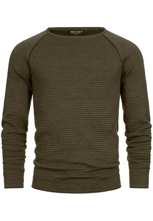 Olive green, long-sleeve crew neck sweater features a textured, ribbed pattern. Made from a soft, stretchy fabric with fitted cuffs and hem.