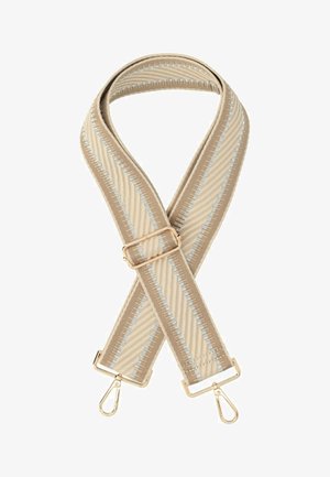 Cinghia intrecciata beige con strisce diagonali e accenti azzurri. Hardware dorato che si attacca alle borse. Texture morbida, materiale durevole.