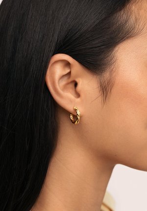 Goldene Creolen mit einem strukturierten, gewundenen Design, das mit filigranen Details und einem polierten Finish versehen ist, getragen am Ohr eines Modells.
