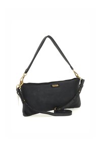 Borsa a spalla in pelle nera con una texture liscia, accessori in oro, tracolla regolabile e forma rettangolare. Presenta una sottile placca con il marchio.