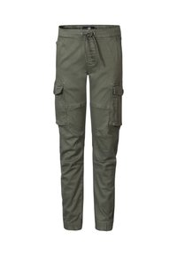 Olijfgroene cargo pants met een drawstring tailleband, meerdere zijzakken en een tapered leg ontwerp in duurzame stof.