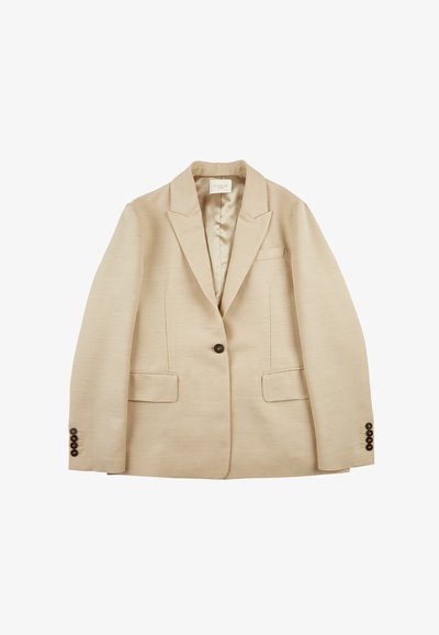 Beżowy blazer wykonany z teksturowanej tkaniny, z jednym guzikiem, szpiczastymi klapami i dwoma przednimi kieszeniami; z detalami guzikowymi na rękawach.
