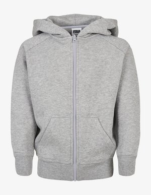 Grå hettegenser med glidelås laget av myk, teksturert stoff. Har hette, frontlommer og ribbestrikkede mansjetter. Uformell, udecorert design.