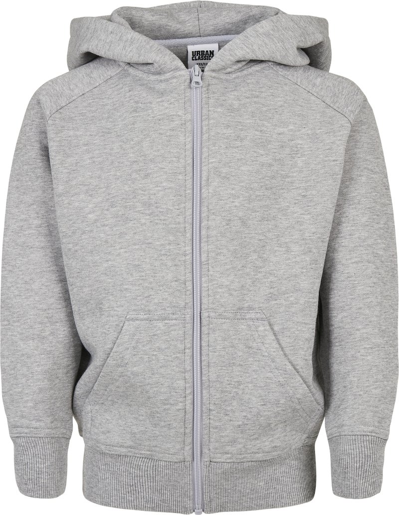 Grå hettegenser med glidelås laget av myk, teksturert stoff. Har hette, frontlommer og ribbestrikkede mansjetter. Uformell, udecorert design.
