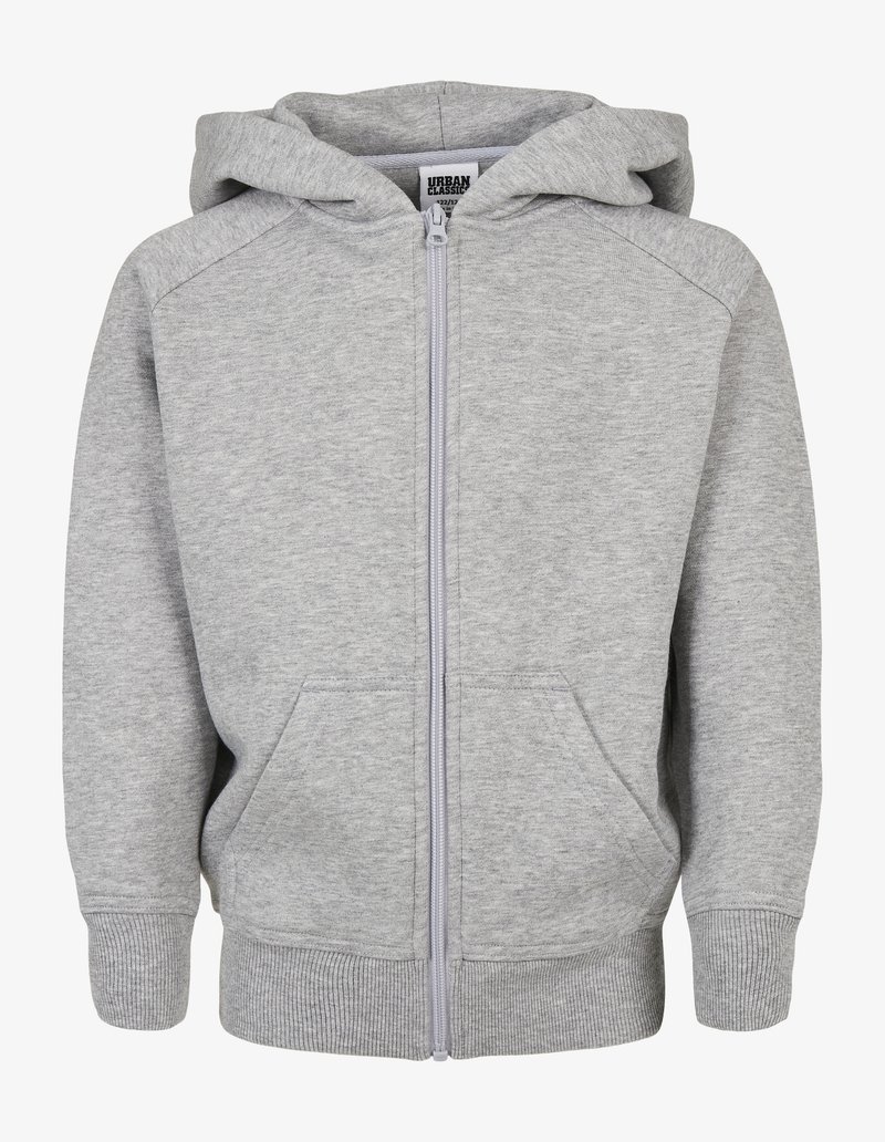 Un sweat à capuche gris zippé en tissu doux et texturé. Présente une capuche, des poches avant et des poignets côtelés. Design décontracté et sans embellissement.