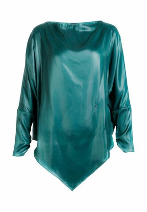 Tweekleurige satijnen blouse met lange mouwen, losse pasvorm, boothals en asymmetrische puntige zoom.