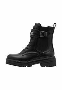 Black ankle boots made of smooth leather, featuring a lace-up front, side elastic panel, and a chunky lug sole with decorative metal accents.