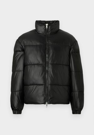 Black puffer jacket with a high collar, zip front closure, quilted design, elastic cuffs, and shiny, smooth fabric finish.