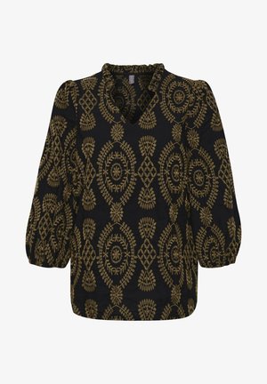 Black blouse with gold floral and geometric patterns, V-neckline, and three-quarter puff sleeves. Made of soft, textured fabric.