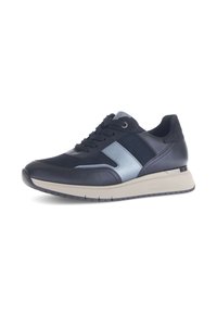 Sneakers met een donkerblauwe leren bovenkant, zilveren accenten, textielstof en een lichtgekleurde rubberen zool met lichte demping.