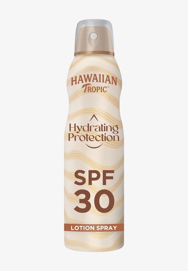 Hawaiian Tropic Hydrating Protection SPF 30 lotionspray in een beige fles met golvende strepen en een spraydop.