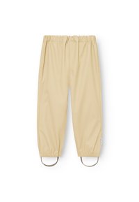 Beige, waterdichte broek met een elastische tailleband, verstelbare manchetten en verlopende riemen bij de enkels. Gladde textuur, minimalistisch ontwerp.