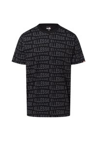 Zwart t-shirt met korte mouwen, voorzien van een herhaald grijs "ELLESSE" logo-patroon. De stof lijkt glad en heeft een klassiek crew neck ontwerp.