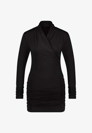 Zwarte lange mouw top met een gedrapeerde halslijn en geplooide details aan de zijkanten, gemaakt van zachte, rekbare stof. Glad in textuur.