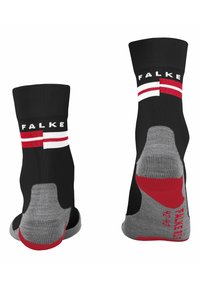 Czarne skarpetki w czerwone i białe poziome paski. Wykonane z teksturowanego materiału z kontrastującym szarym piętą i palcem. Logo na mankiecie.