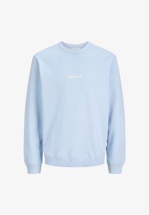 Svetlo modra jopa iz mehkega materiala, z okroglim izrezom, rebrastimi manšetami in robom ter majhnim belim logotipom spredaj.