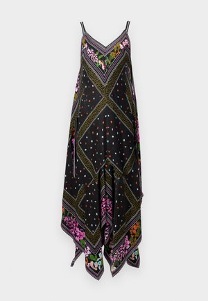 Robe noire avec un motif géométrique, ornée d'accents floraux en rose et vert. Fabriquée en tissu léger, avec des bretelles réglables.