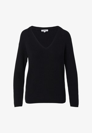 Mustmust mustre, sügavalt V-kaelusega, pikad varrukad, ribatud tekstuuriga ja lõdva lõikega. Brändimärk nähtav kaela juures.