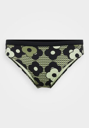 Black and green floral bikini bottom featuring a patterned design, elastic waistband, and a smooth finish with a fitted shape.