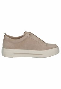 Beige suede low-top sneaker with thick white rubber sole, slip-on design, and side elastic detail for easy wearing.