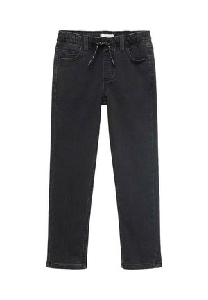 Pantalons en denim noir avec une taille élastique, fermeture à cordon de serrage et poches avant. La coupe est droite avec une finition soignée.