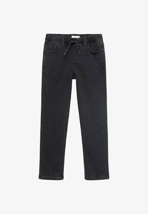 Pantaloni in denim nero con cintura elastica, chiusura con cordino e tasche frontali. Il design è dritto con una finitura pulita.
