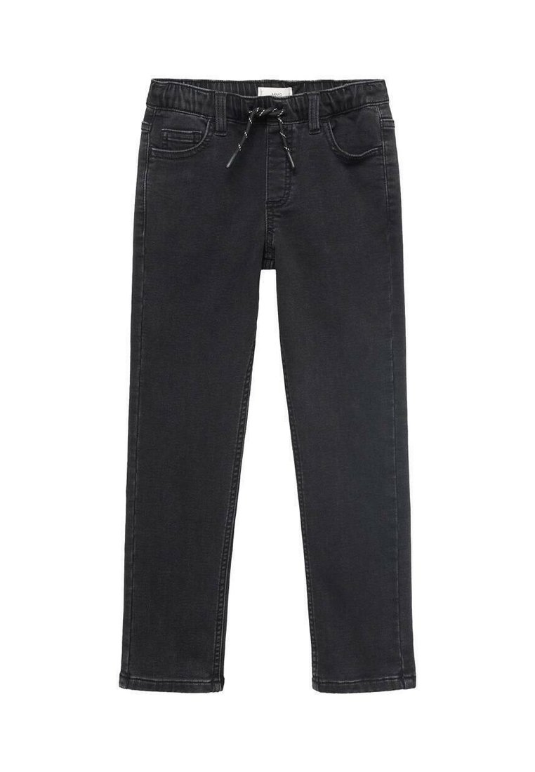 Črne jeans hlače z elastičnim pasom, z vrvico za zapiranje in sprednjimi žepki. Oblikovanje je ravno nogavic z urejenim zaključkom.
