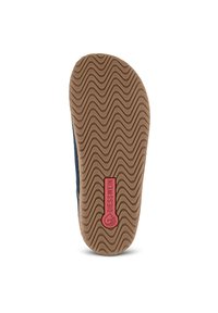 Brązowa gumowa podeszwa z falistym wzorem, z logo w kolorze czerwonym, osadzona na niebieskim materiale górnym. Projekt jest płaski i zaokrąglony na krawędziach.