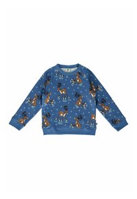 Zils džemperis no kokvilnas maisījuma, ar briežu slidošanas rakstu un sniega pērlēm. Ribots apkakles un piedurkņu gali.